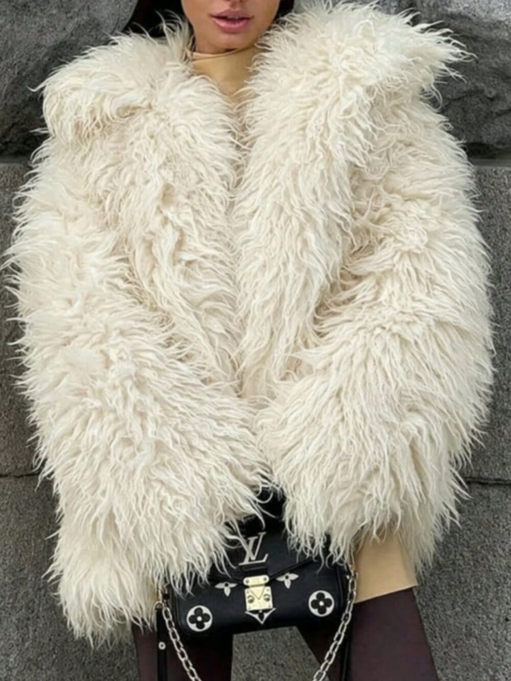 White Preppy Women's Loose Fit Lapel Button Front Fuzzy Crop Faux Fur Jacket